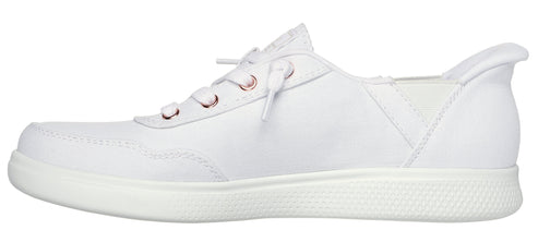 A white lace-up sneaker with eyelets.