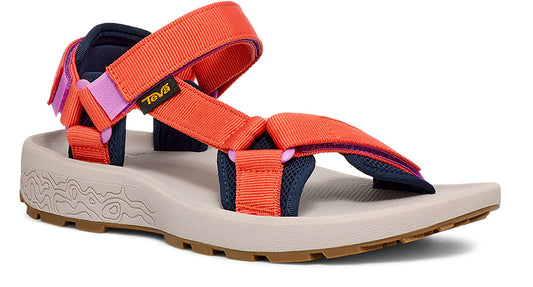 Orange and pink sandal with adjustable straps and beige sole.