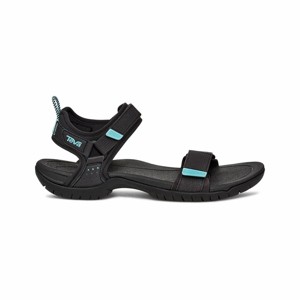A black sandal with adjustable hook and loop straps, and teal accents.