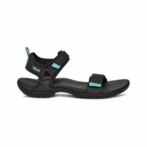 A black sandal with adjustable hook and loop straps, and teal accents.