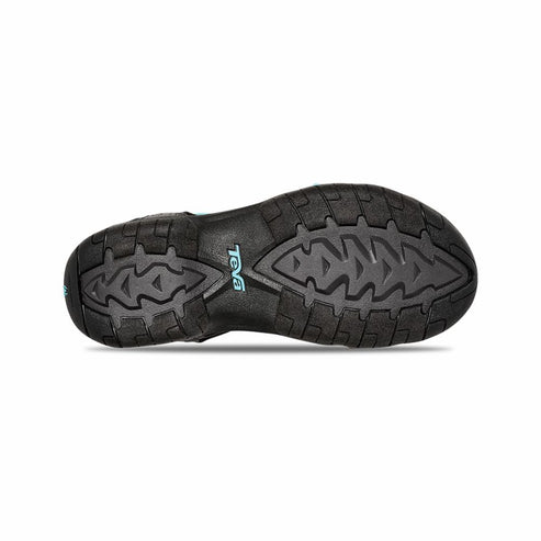 Bottom view of a black sandal with a textured gray sole and blue logo.