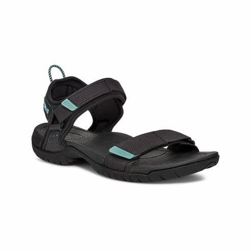Black sport sandal with adjustable straps and teal accents.