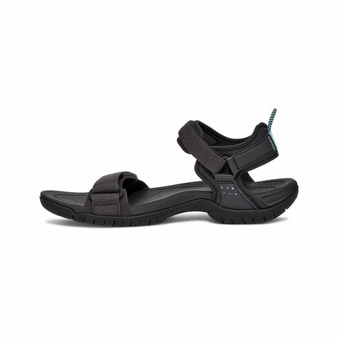 Black sandal with adjustable straps.