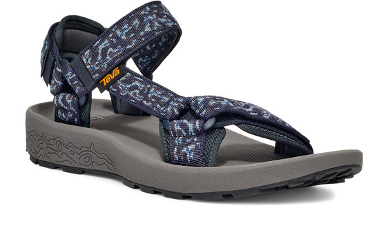 A sandal with a gray sole and camouflage-patterned straps.