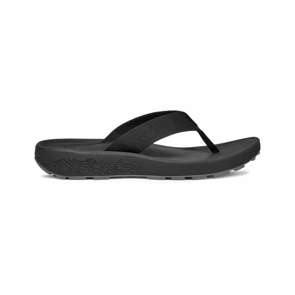 Black flip-flop sandal with fabric strap and textured sole.