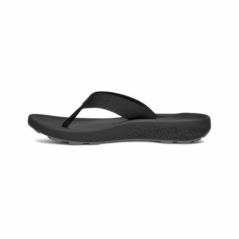 Black flip-flop sandal with textured sole and fabric straps.