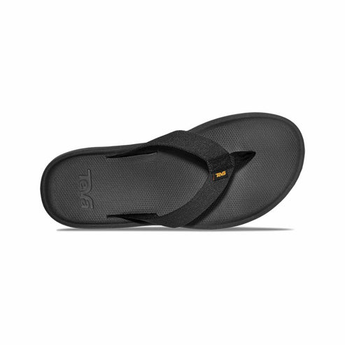 Black sandal with toe post and fabric strap; 'TEVA' on side.
