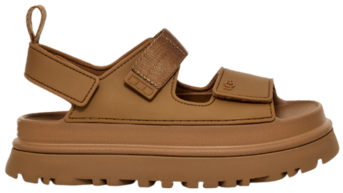 Brown sandal with velcro straps and thick lug sole.