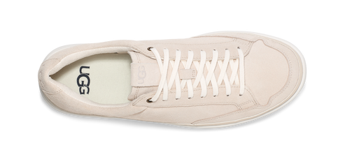 A top-down shot of a beige UGG sneaker with white laces.