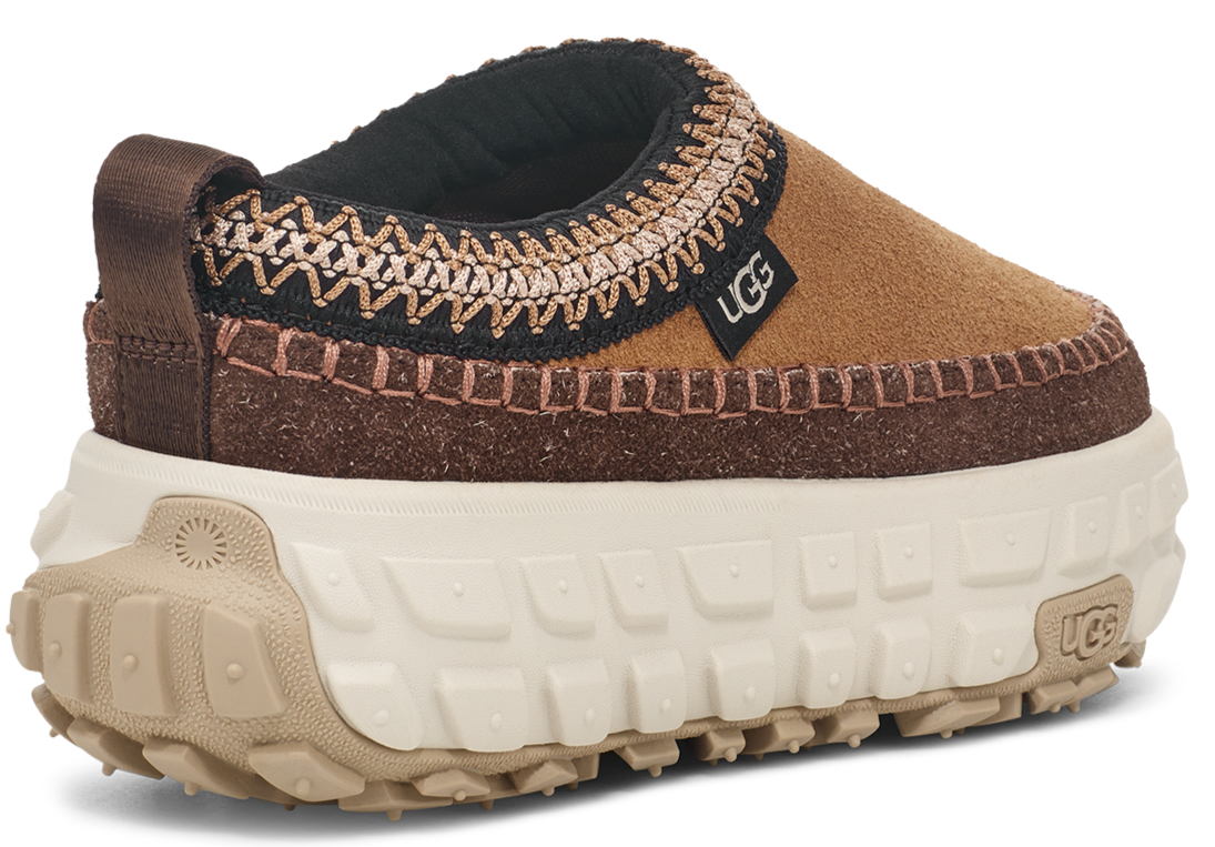 Tan and brown UGG slipper-like shoe with a thick treaded sole.