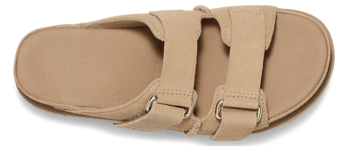 Tan sandal with two straps and metal buckles.