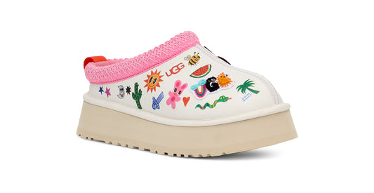 Platform slip-on shoe in cream with graphic designs including a sun, watermelon, palm tree, bee, cactus, and rabbit.