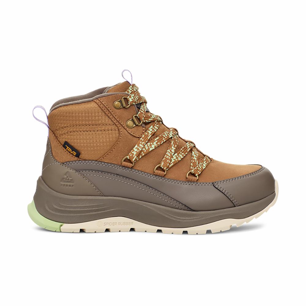 Tan Teva Re Ember Terrain waterproof hiking boot with patterned laces and green accent.