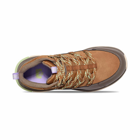 Top-down view of a light brown hiking shoe with multi-colored laces and a lavender interior.