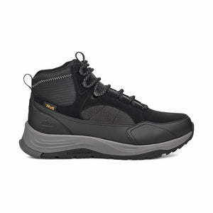 A black, high-top hiking shoe with gray sole and black-and-gray patterned laces. "TEVA" is visible on the side.