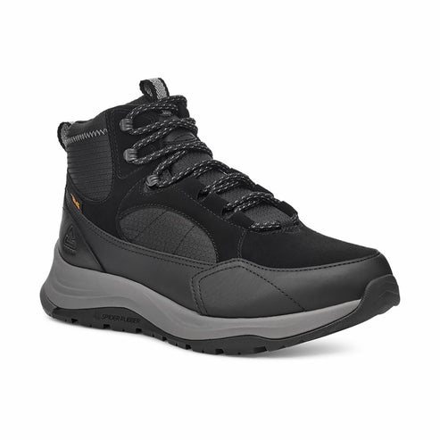 Black high-top hiking boot with gray sole and laces.