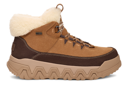 Tan hiking boot with a brown band near the sole and fur at the ankle.
