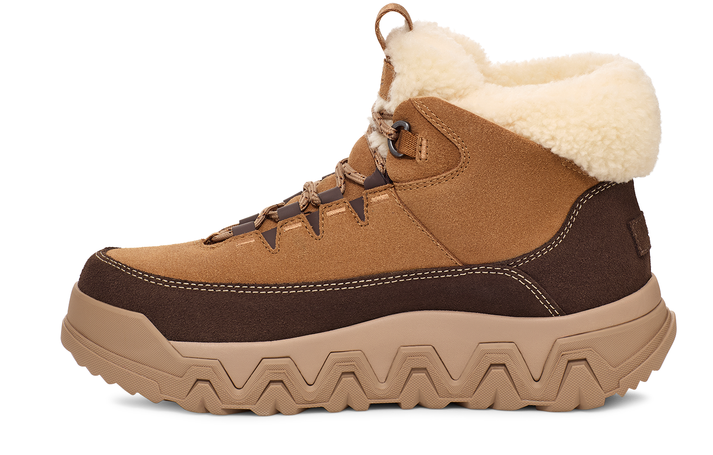 Brown suede hiking boot with fuzzy white lining.
