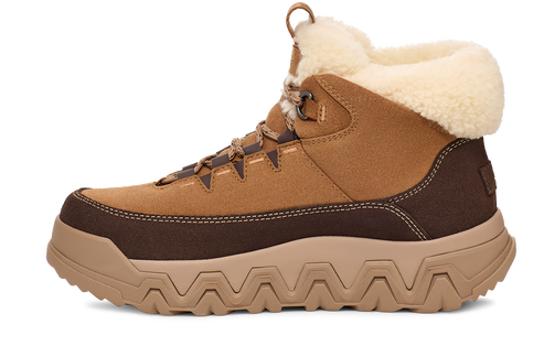 Brown suede hiking boot with fuzzy white lining.