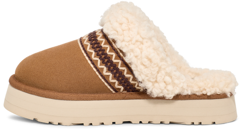 Tan suede slipper with white sherpa lining and trim, decorative patterned band, and a white platform sole.