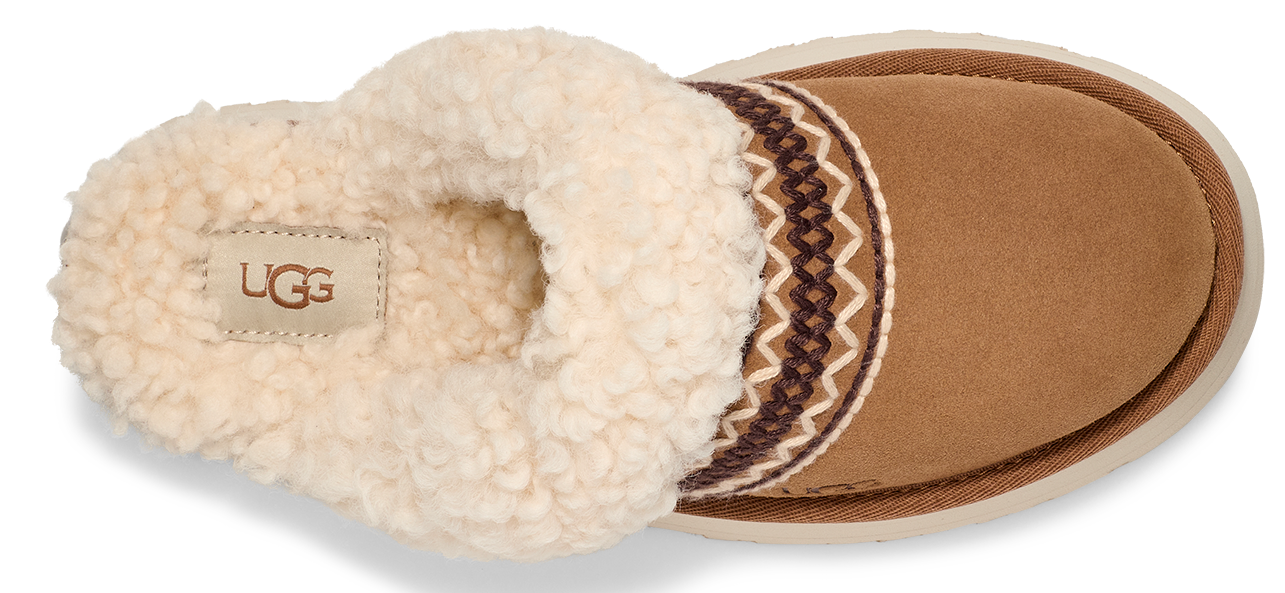 A brown slipper with a white, fuzzy collar and a white logo on the inside.