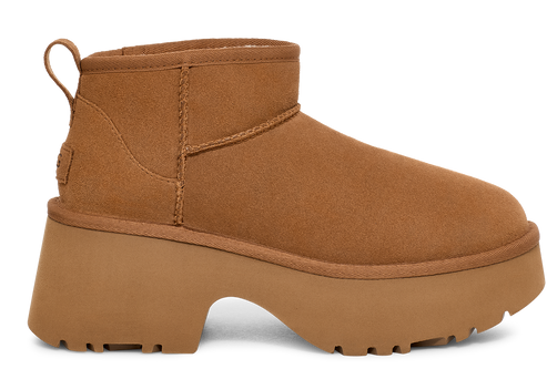 Side view of a brown UGG boot with a thick platform sole.