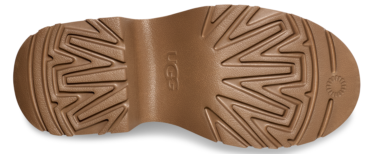 Tan sole of a shoe featuring a lug pattern and the letters UGG.
