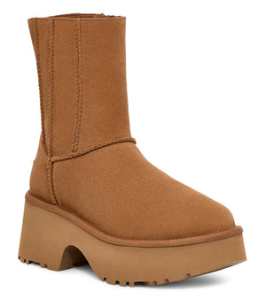 Chestnut-colored suede platform boot.