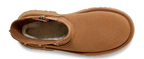 A tan-colored short UGG boot with a zipper.