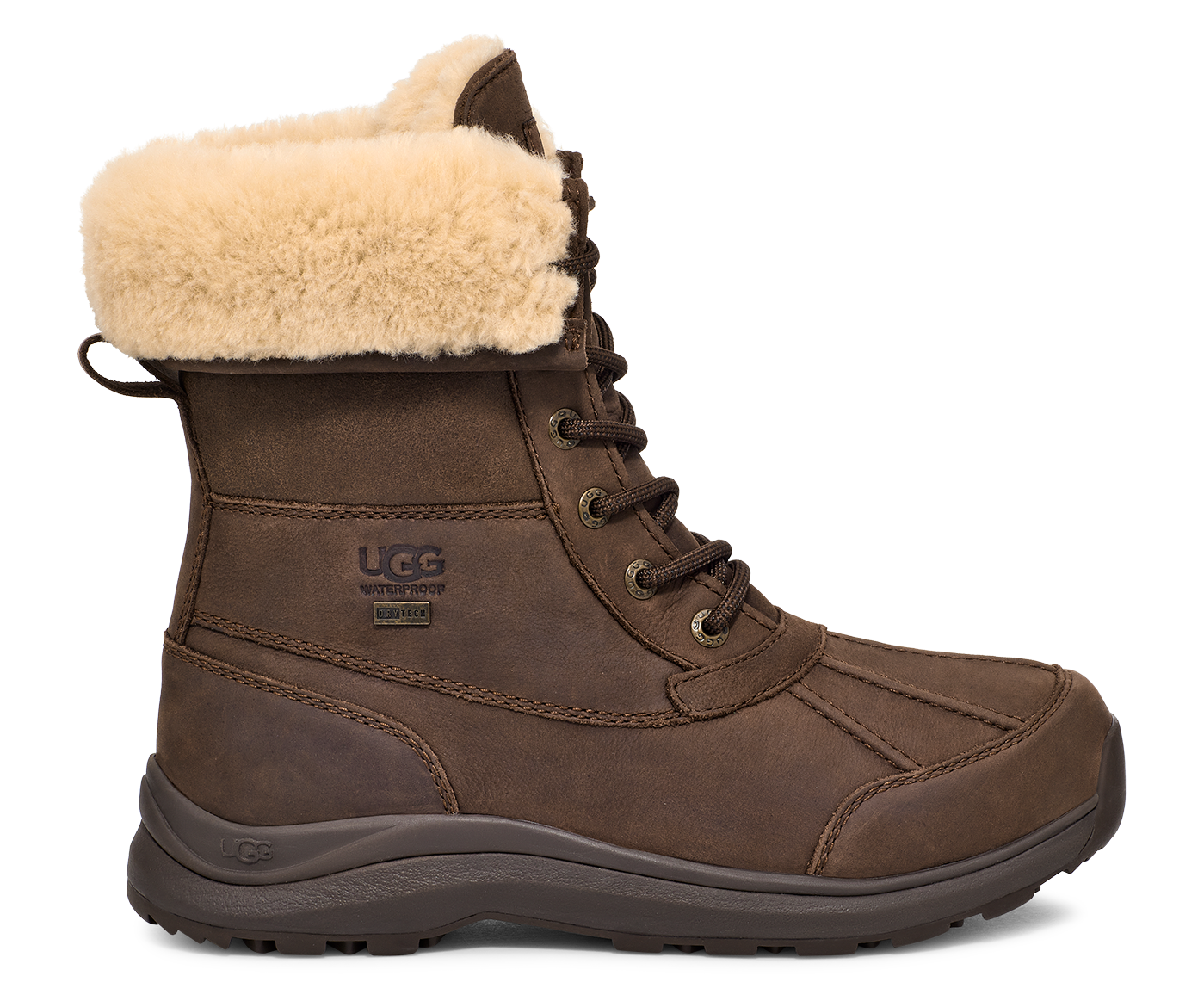 Brown lace-up boot with fur trim at the top.