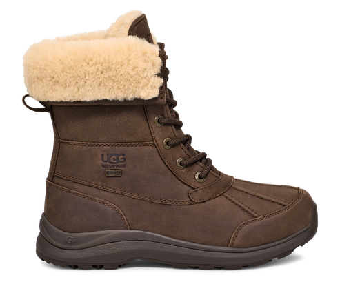Brown lace-up boot with fur trim at the top.