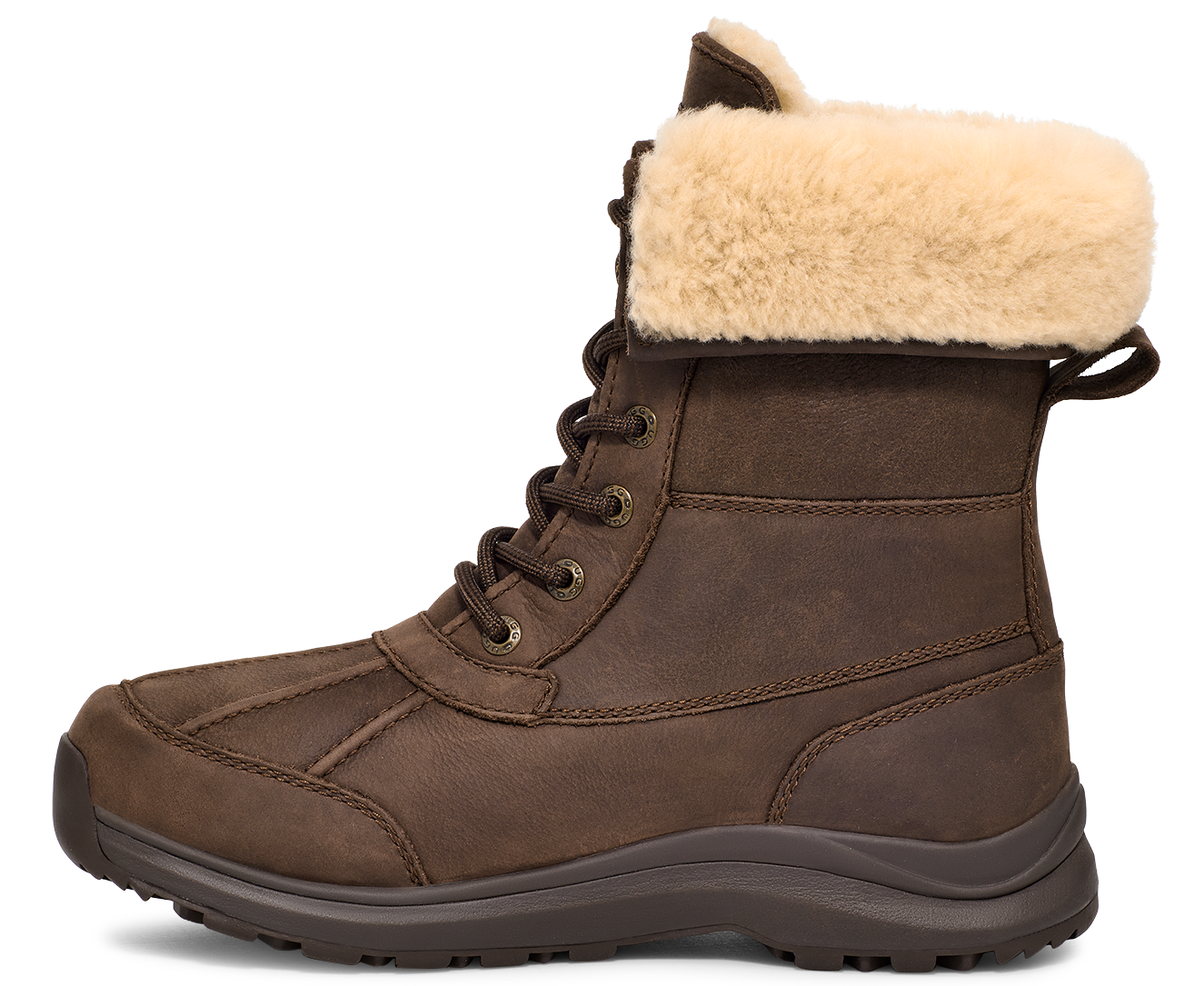 Brown leather boot with lace-up closure and a beige wool cuff.