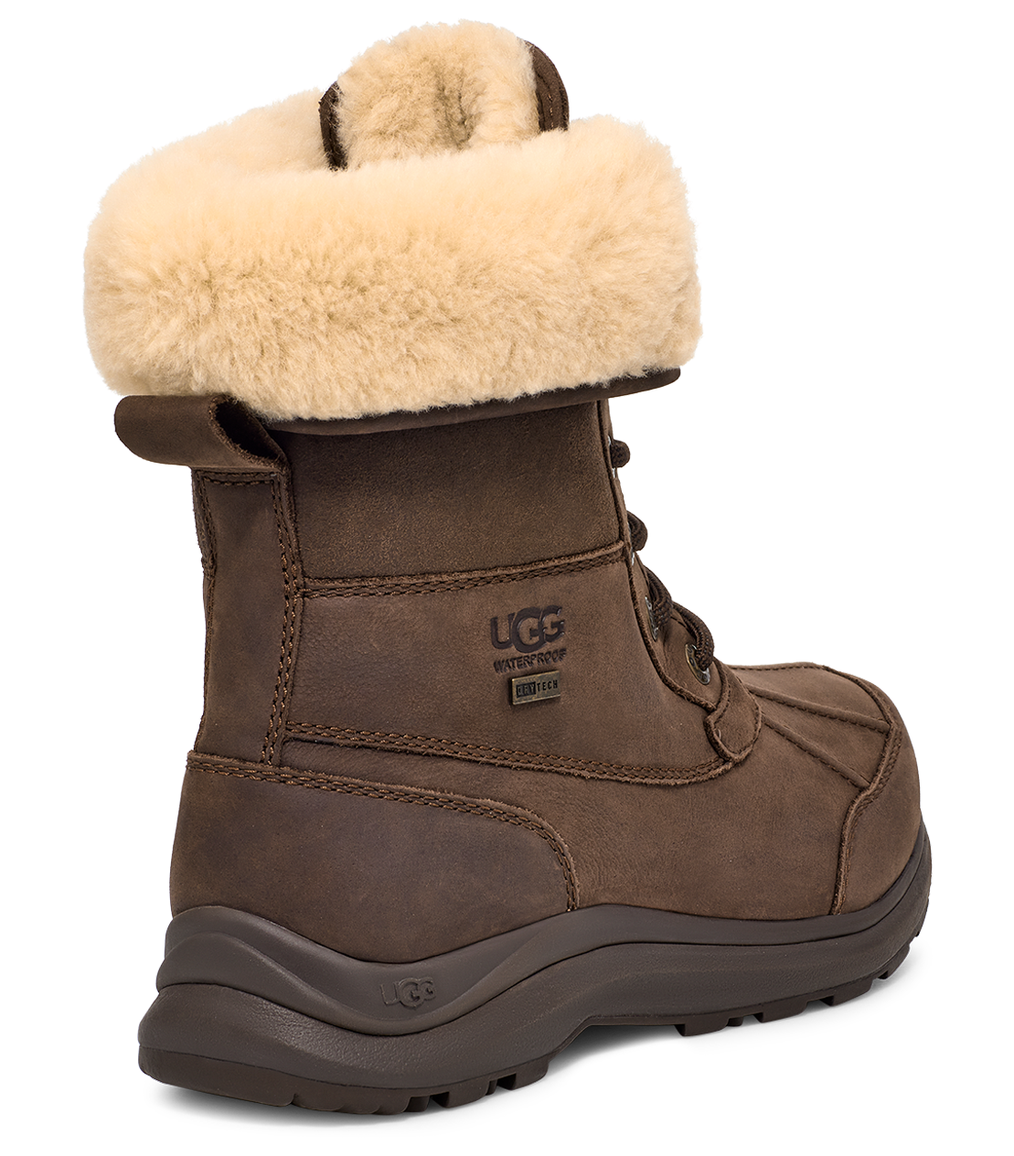 Brown waterproof UGG boot with tan fur cuff and dark laces.