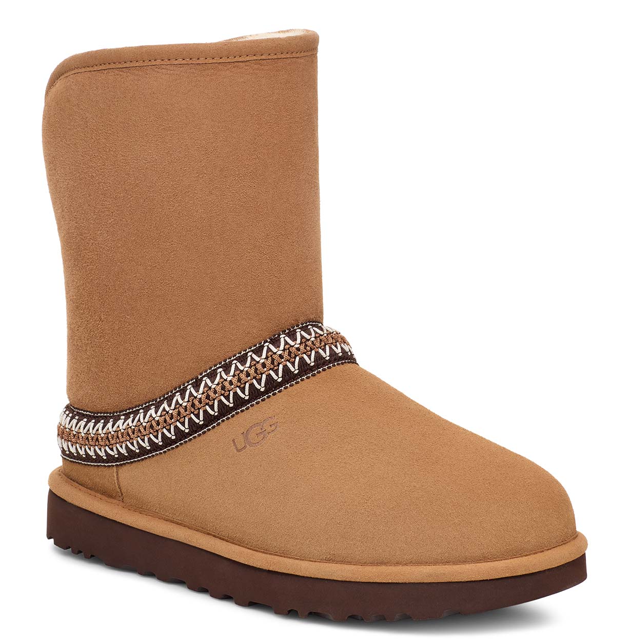 Tan UGG boot with a brown patterned band around the shaft.