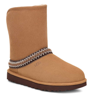 Tan UGG boot with a brown patterned band around the shaft.