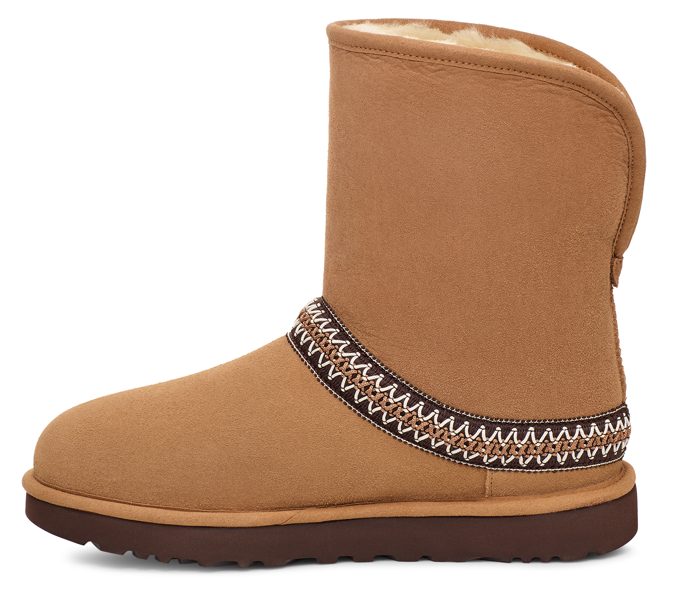 Brown suede boot with an embroidered band around the shaft.