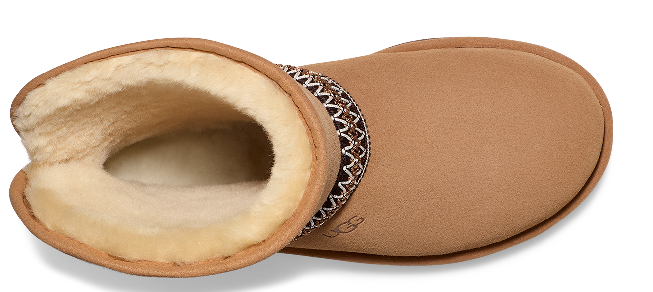 Tan slipper with shearling lining.