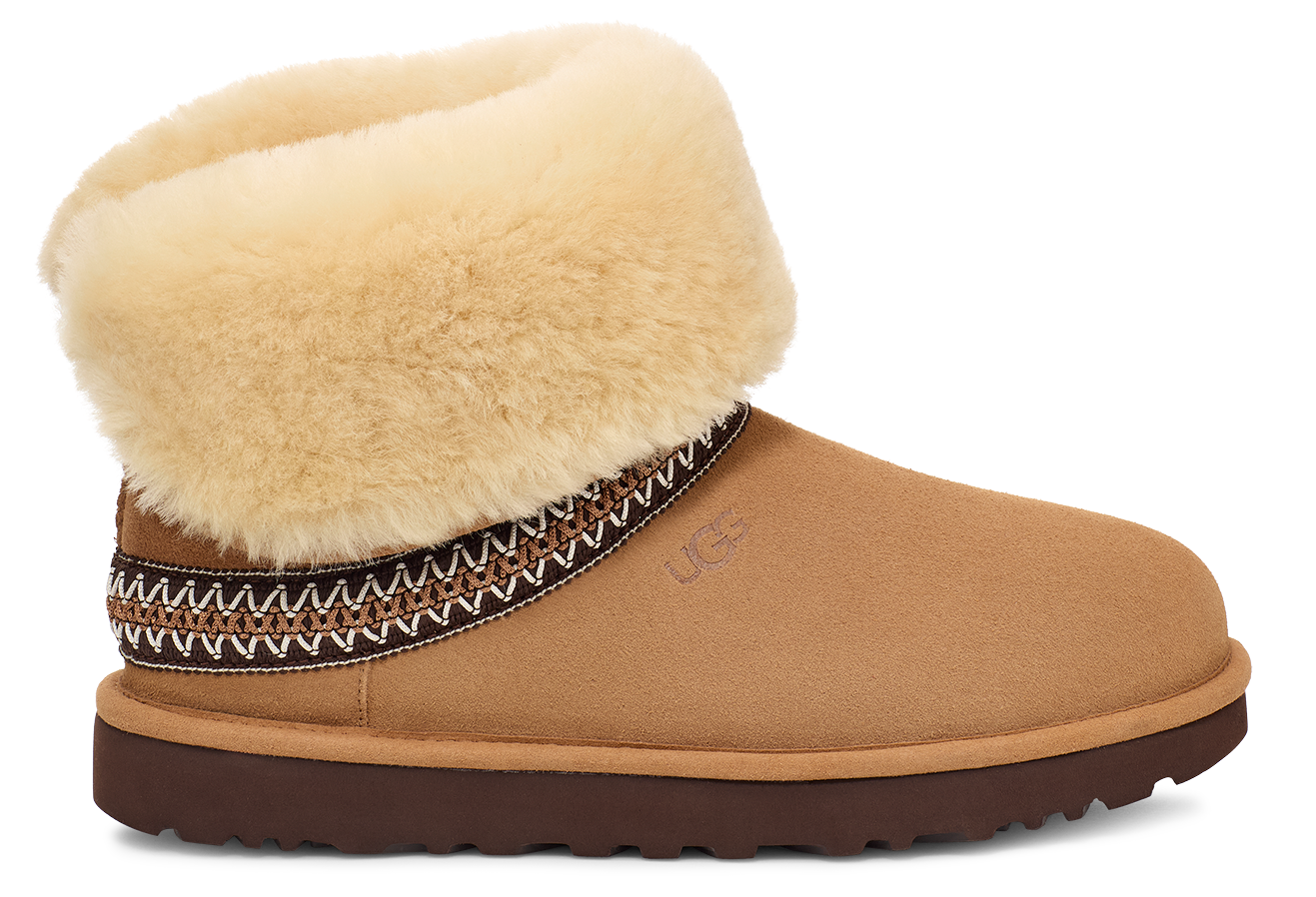 Tan UGG Tasman slipper with embroidered trim and sheepskin collar.