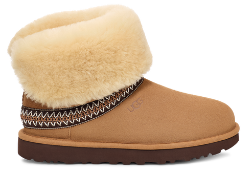 Tan UGG Tasman slipper with embroidered trim and sheepskin collar.