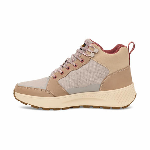 Tan and beige high top shoe with laces and ridged sole.