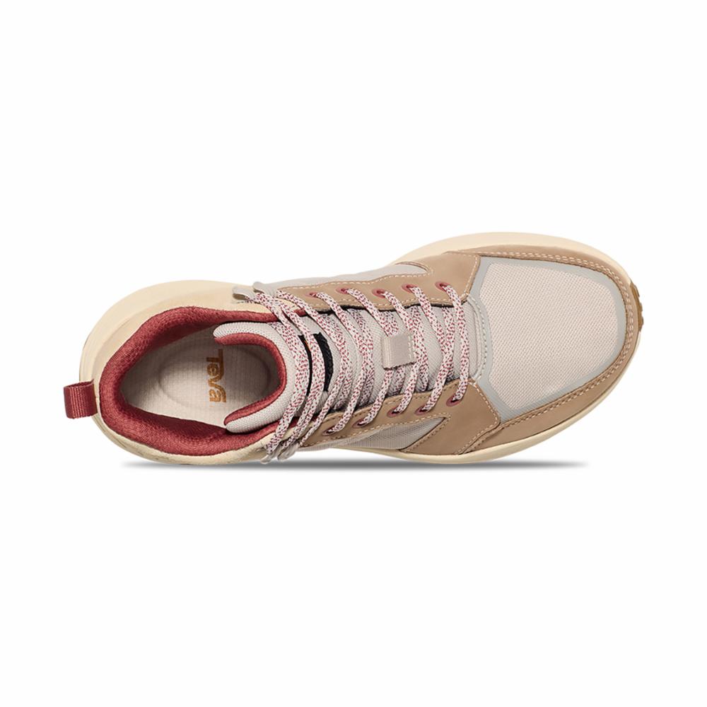 Top view of a beige sneaker with matching laces and red interior.