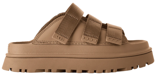 Khaki slide sandal with three adjustable hook-and-loop straps.