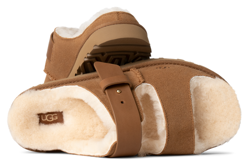 Two brown sheepskin slippers with a brown strap and the word UGG visible.