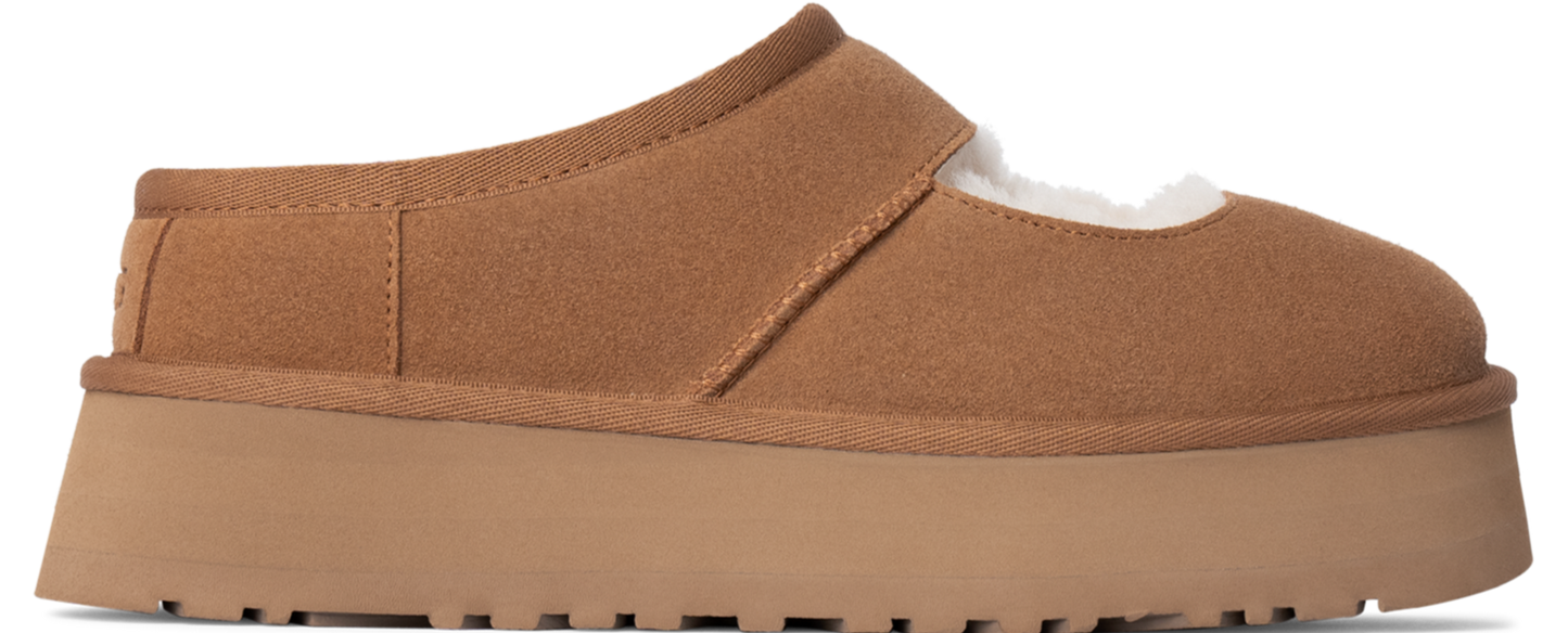 A brown platform slipper with a tan sole.
