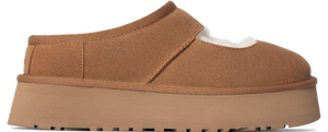 A brown platform slipper with a tan sole.