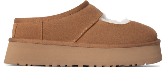 A brown platform slipper with a tan sole.