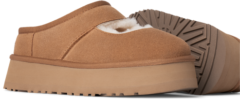 tan-colored slip-on shoe with a fluffy interior and a thick, flat sole