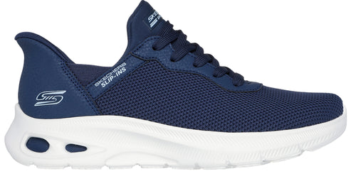 Navy-blue slip-on sneaker with mesh upper and white sole.