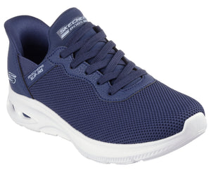 Navy blue athletic shoe featuring white soles, laces, and "BOBS" text on the tongue.