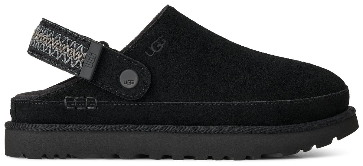 A black suede slipper-style shoe with a thick rubber sole and a patterned, adjustable woven heel strap attached by a circular snap button, featuring the word UGG debossed on the side and the strap.